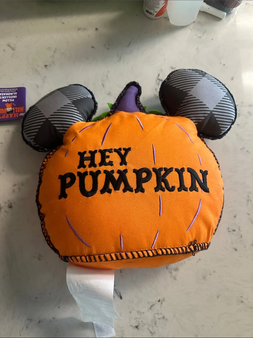 Disney Orange Pumpkin Mickey Ear Plush Pillow with Black & Purple Accents